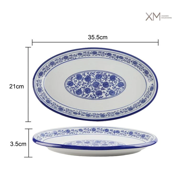 14-inch Oval Ceramic Plate Fish Porcelain Plate With A Retro Blue And White Hand-painted Underglaze Edge